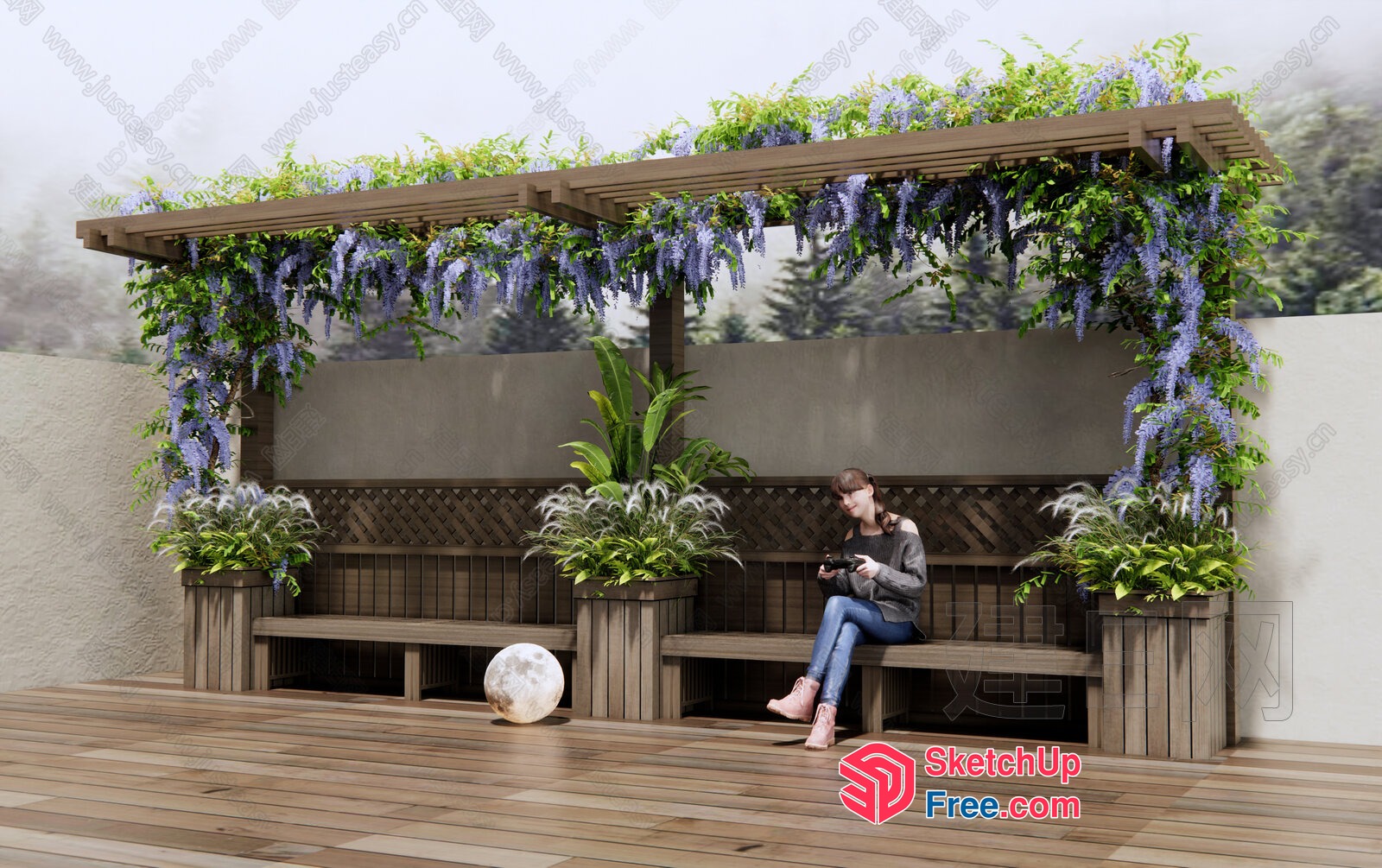 Woman Relaxing In A Serene Outdoor Space With A Beautiful Pergola 3D SketchUp File