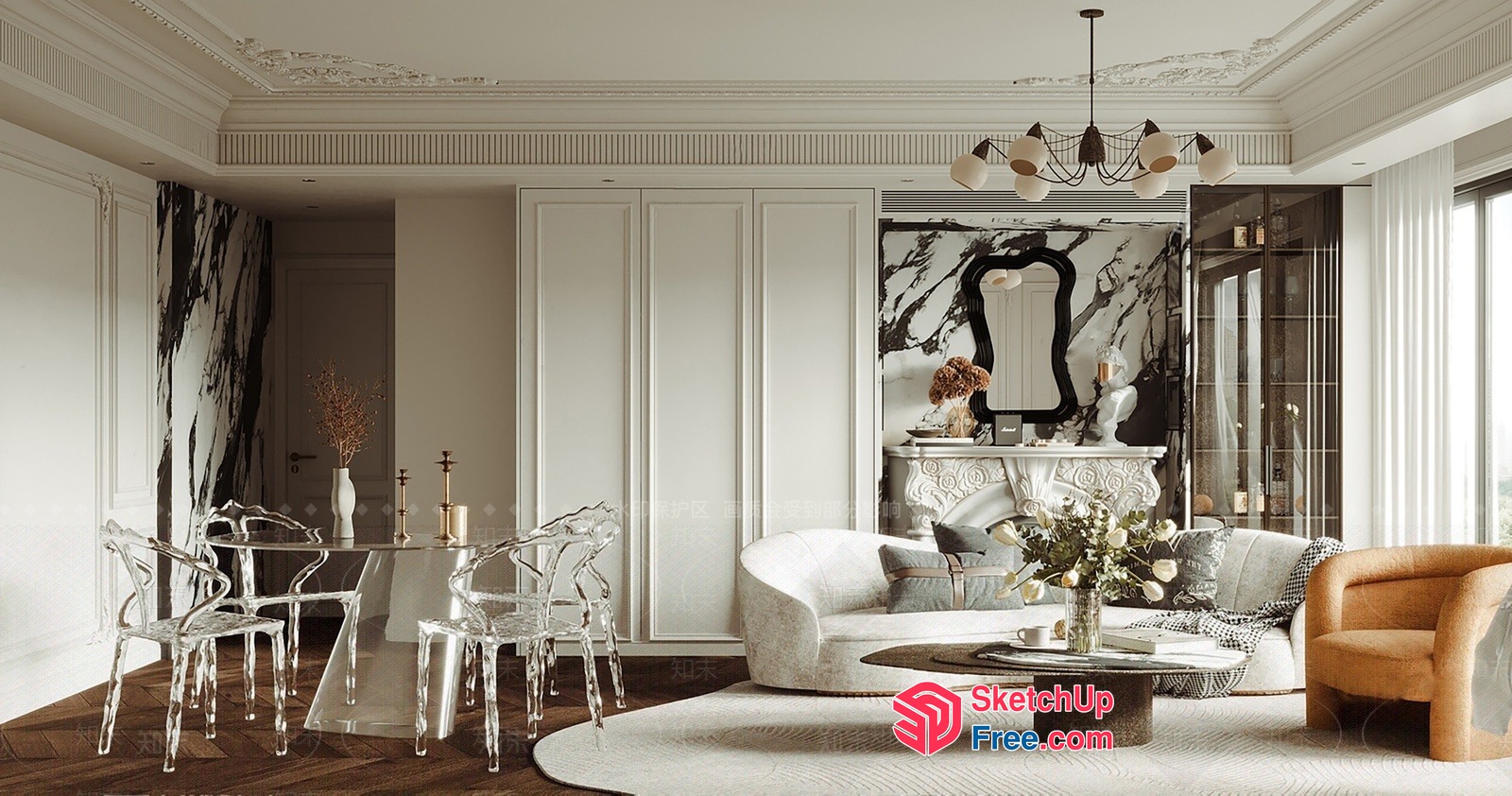 Elegant Living Room With White Sofa And Glass Table 3D SketchUp File