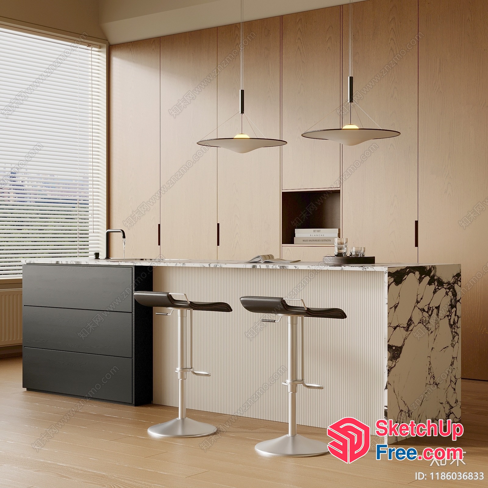 Modern Kitchen Island With Marble Countertops And Pendant Lights 3D SketchUp File