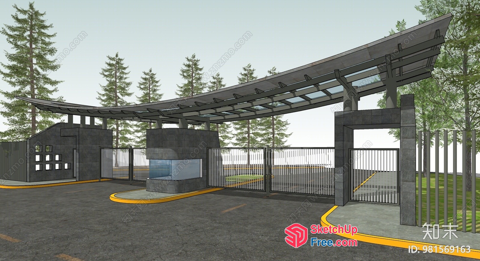 Entrance To A Modern Building With A Unique Roof 3D SketchUp File