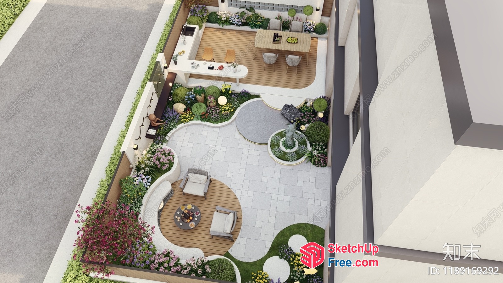 Modern Outdoor Patio With Elegant Furniture And Beautiful Flowers 3D SketchUp File