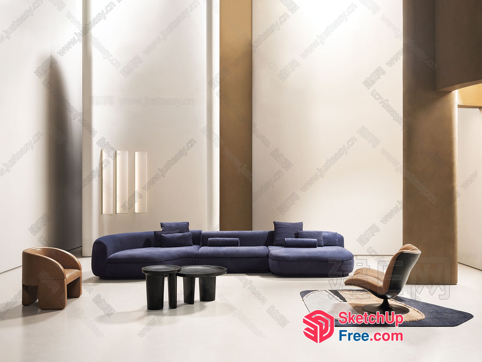 Modern Minimalist Living Room With Pillar And Stairs 3D SketchUp File