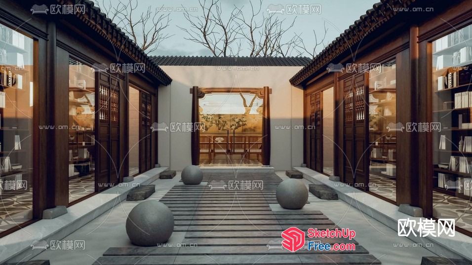 Asian-Inspired Courtyard With Traditional Architecture 3D SketchUp File