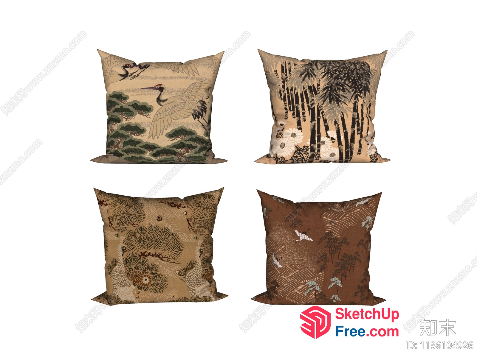 Four Square Pillows With Asian-Inspired Designs 3D SketchUp File