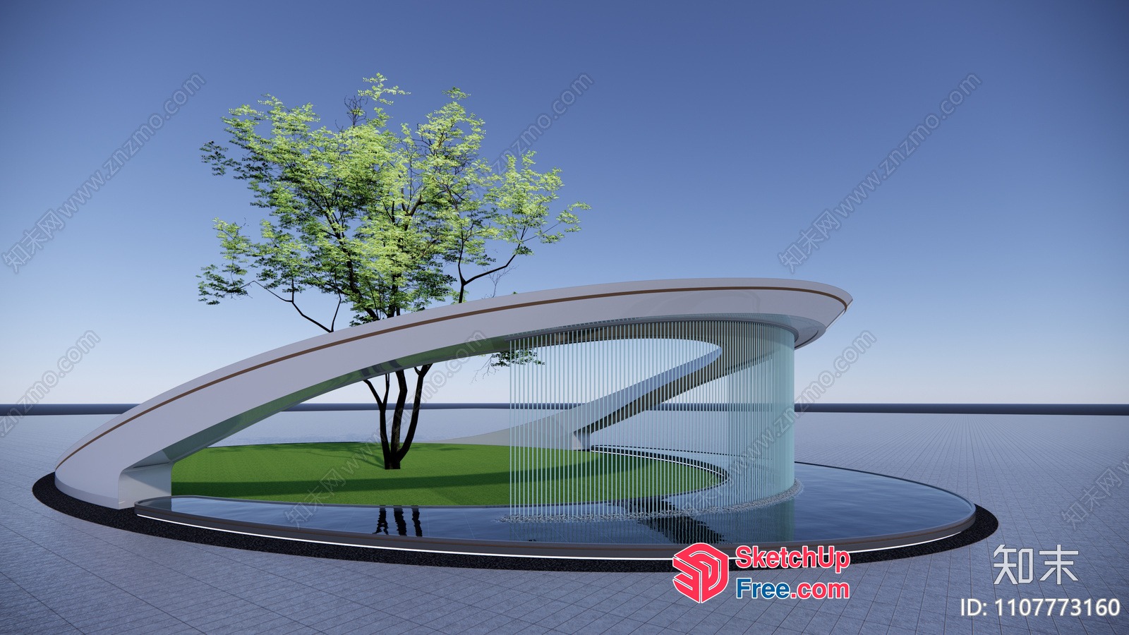 Futuristic Modern Architecture With Curved Staircase And Tree 3D SketchUp File