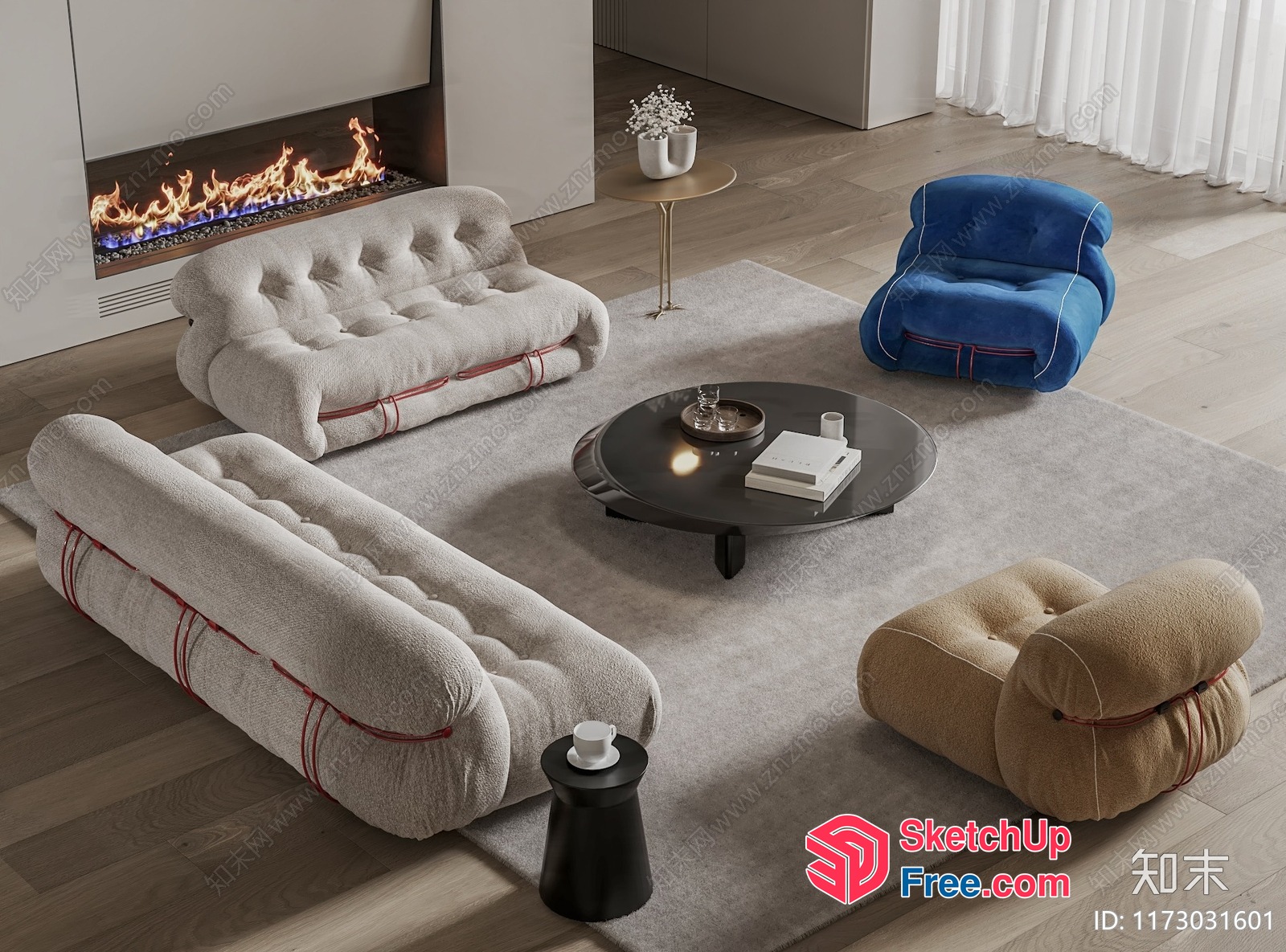 Modern Living Room With Fireplace And Unique Furniture 3D SketchUp File
