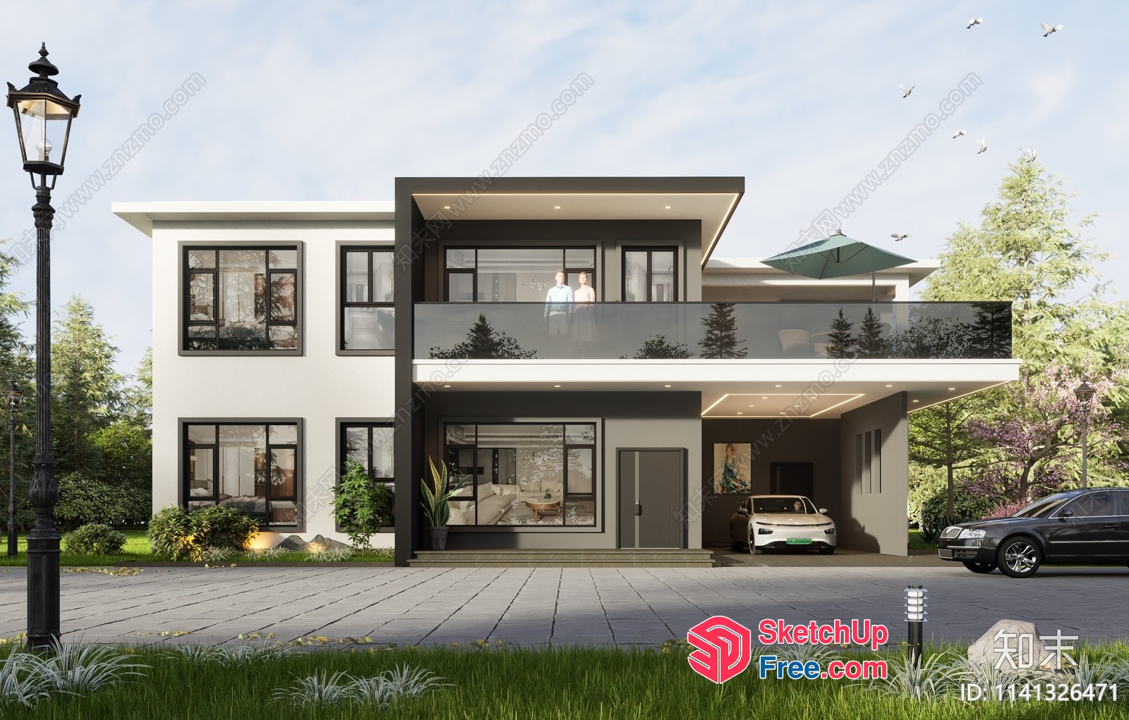 Modern Two-Story House With Balcony And Garage 3D SketchUp File