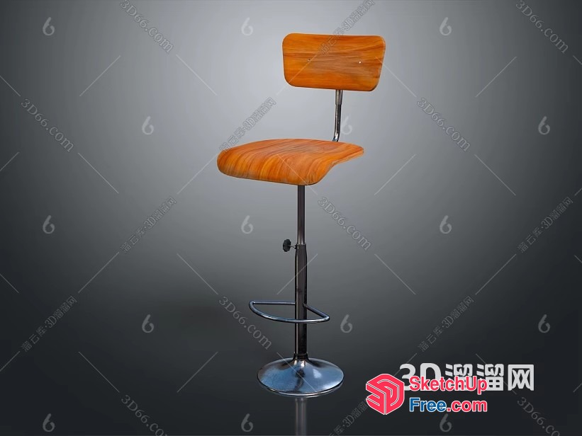 Adjustable Height Bar Stool With Wooden Seat And Backrest 3D SketchUp File