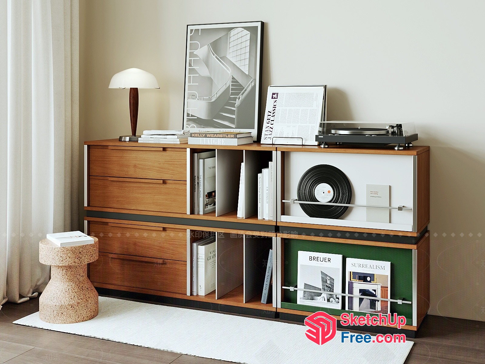 Modern Minimalist Wooden Bookcase With Stairs 3D SketchUp File