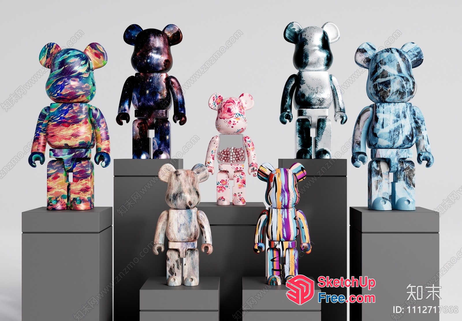 Colorful Bear Figurines On Display Stands 3D SketchUp File