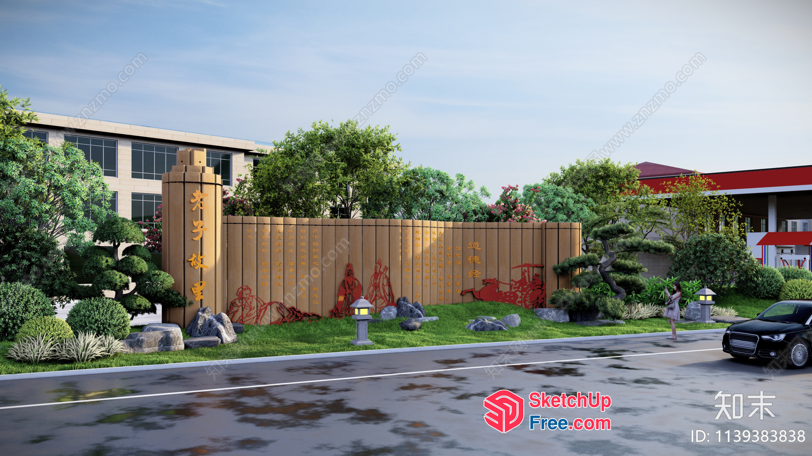 Asian-Inspired Exterior Decor With Pillars And Trees 3D SketchUp File