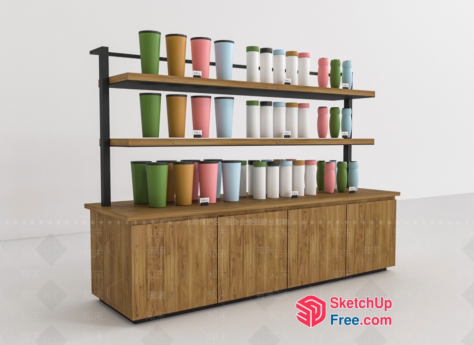Colorful Cups And Cabinets On Wooden Shelves 3D SketchUp File