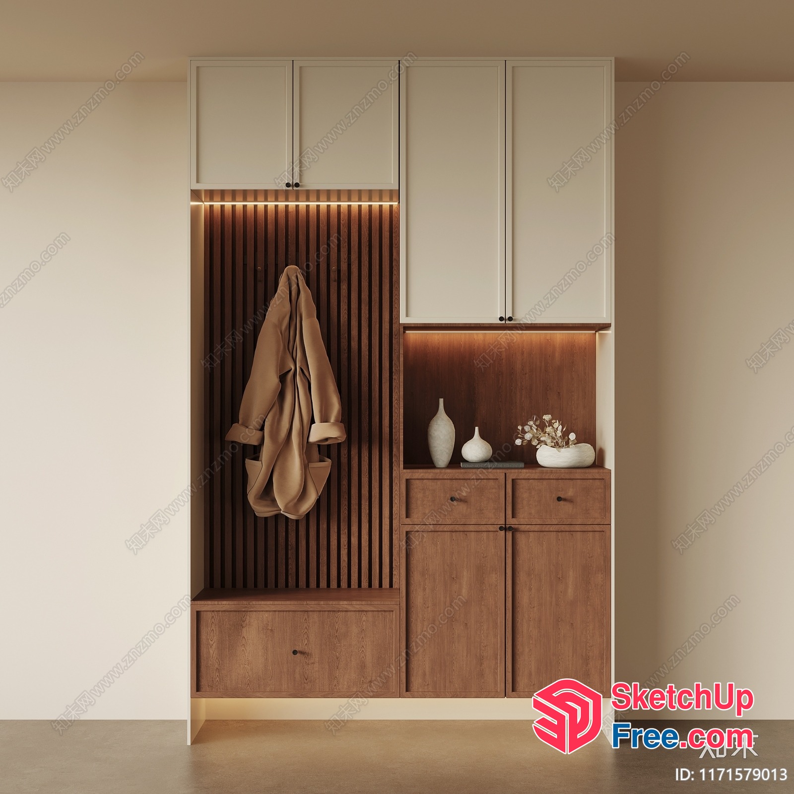 Minimalist Style Wall Decor With Wooden Furniture And Vases 3D SketchUp File