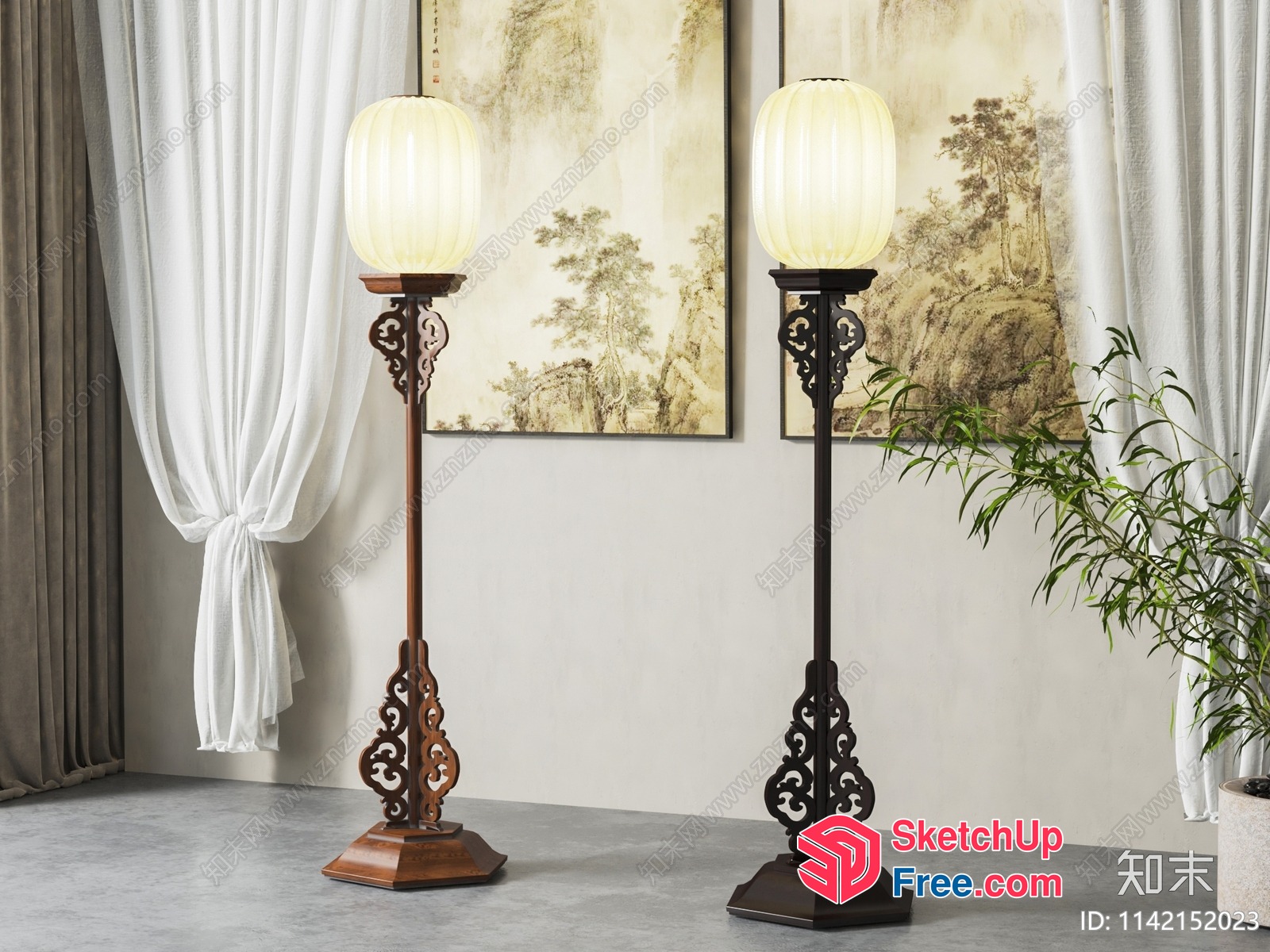 Two Elegant Floor Lamps With Ornate Bases And White Shades 3D SketchUp File