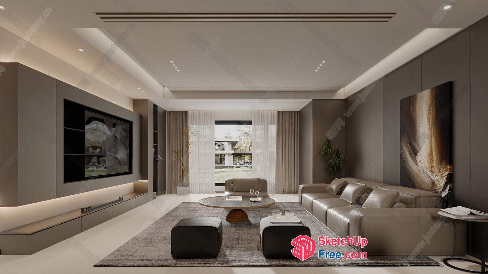 Modern Living Room Interior With Large Window And Leather Sofa 3D SketchUp File