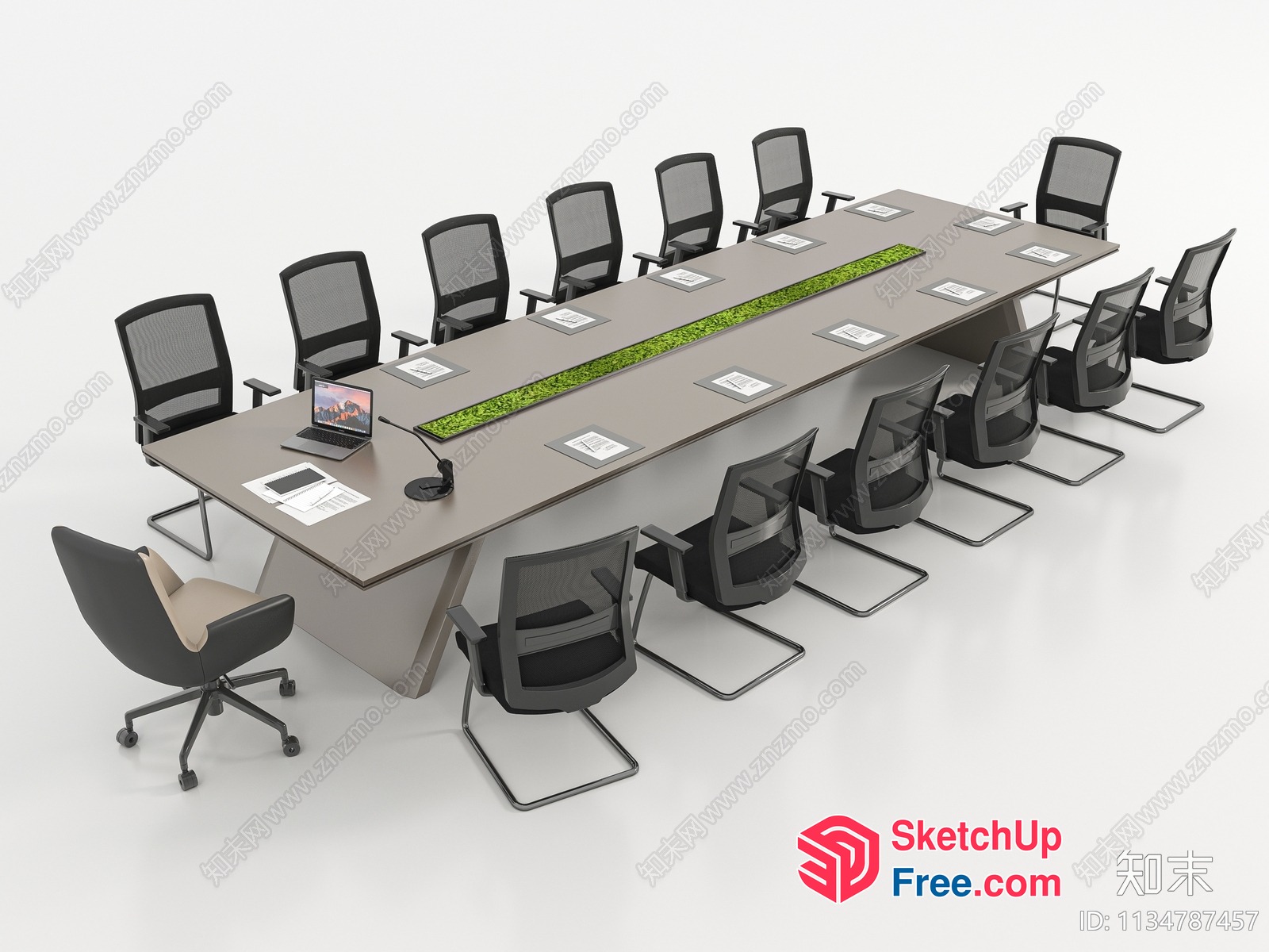 Long Conference Table With Black Chairs And Green Centerpiece 3D SketchUp File