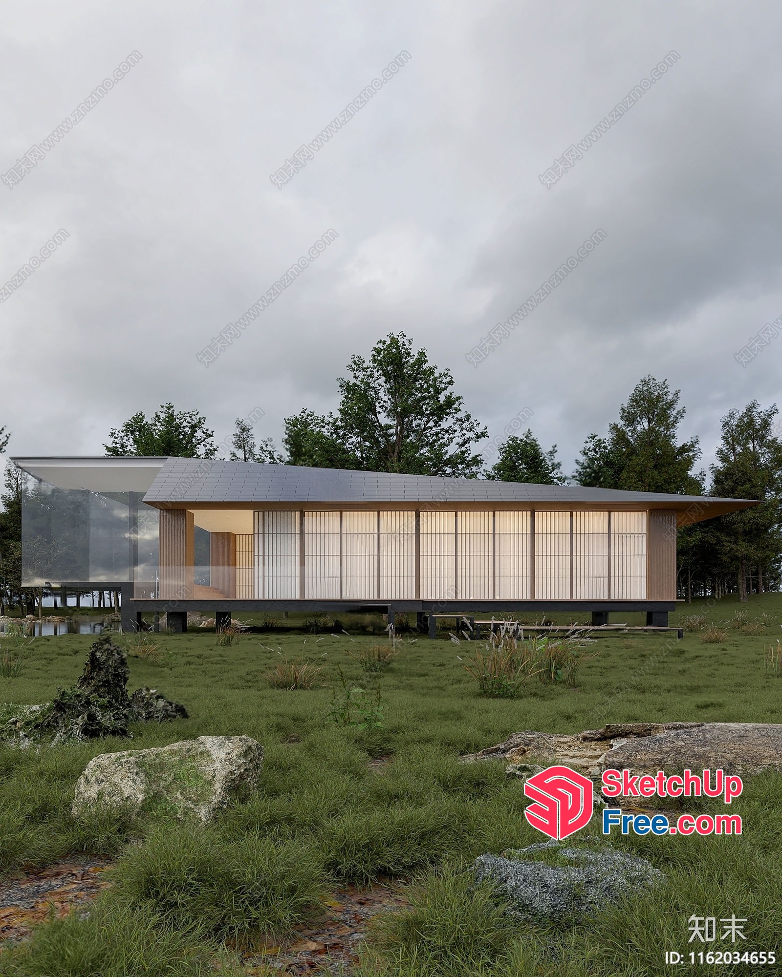 Modern Japanese-Style Home With Glass Curtain Wall And Rooftop 3D SketchUp File