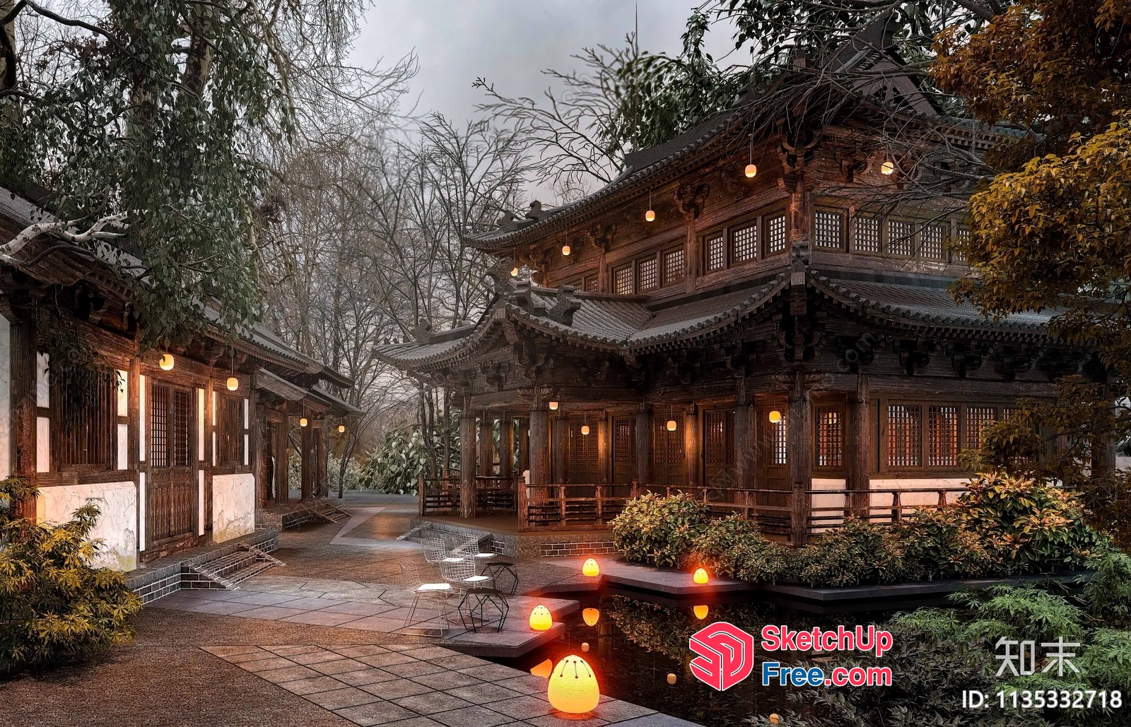 Serene Asian Villa Exterior With Tranquil Courtyard 3D SketchUp File