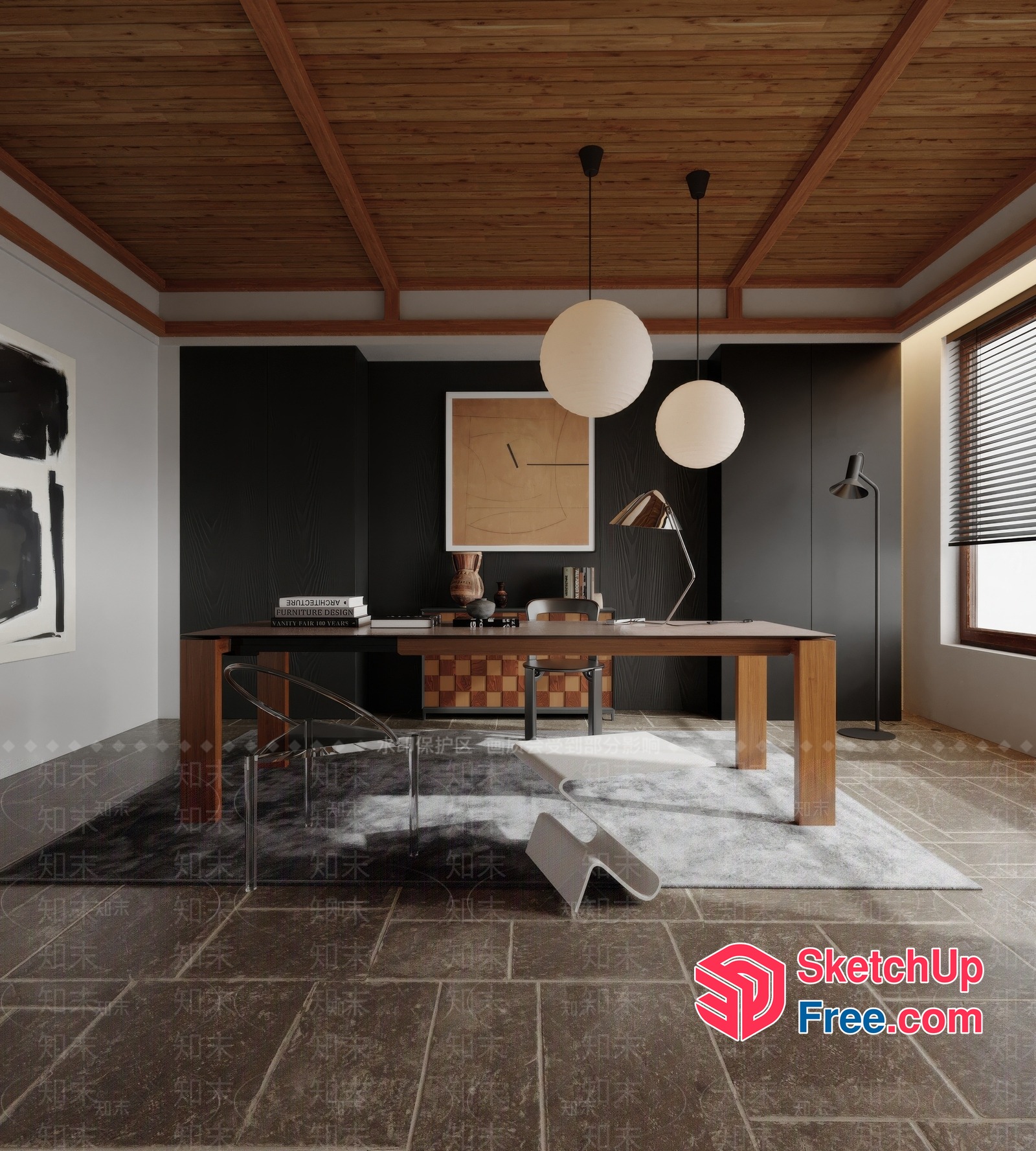 Modern Office Space With Wooden Accents 3D SketchUp File