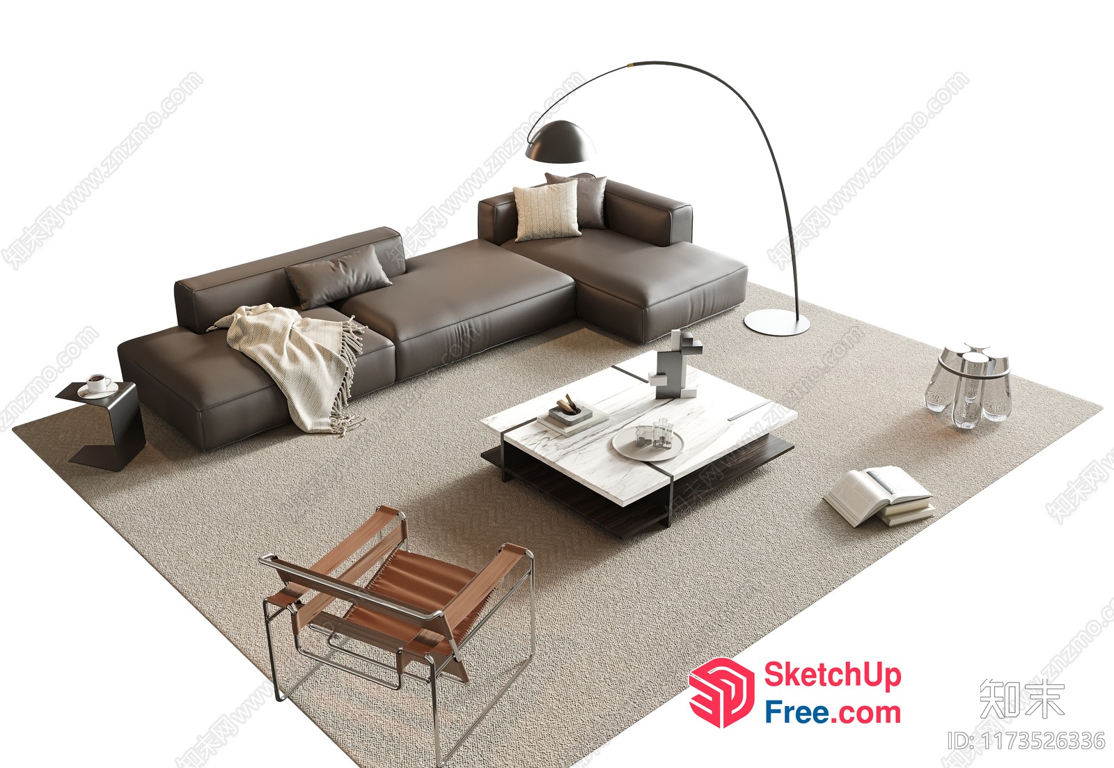 Modern Minimalist Living Room With Brown Sofa And White Coffee Table 3D SketchUp File