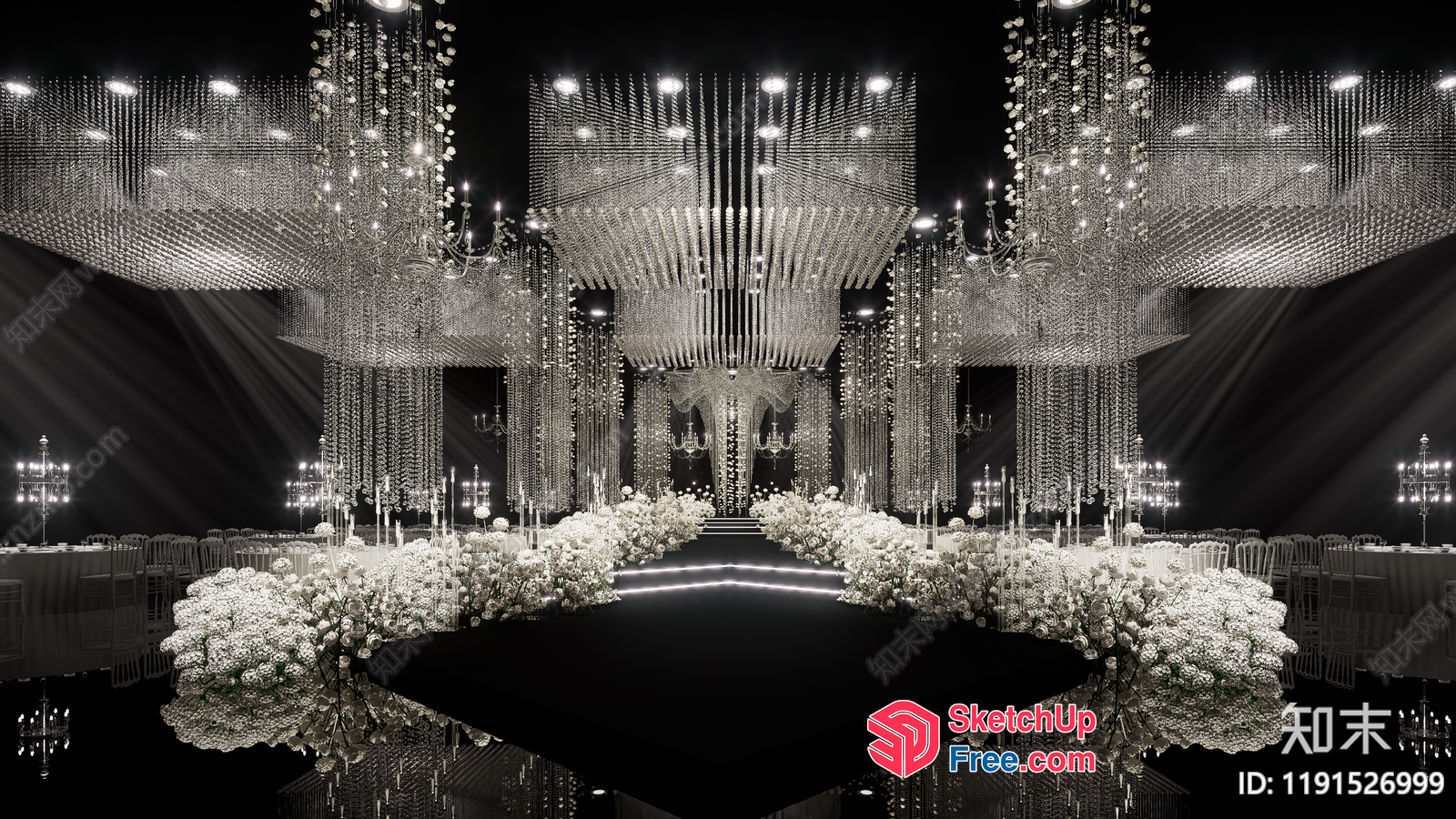 Luxurious Wedding Hall With Crystal Chandeliers And Floral Decor 3D SketchUp File