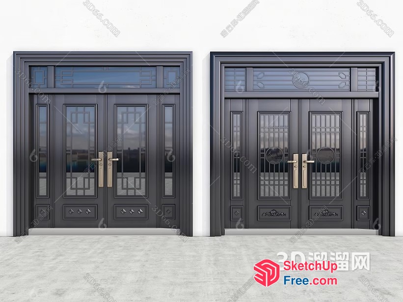 Ornate Double Doors With Glass Panels 3D SketchUp File