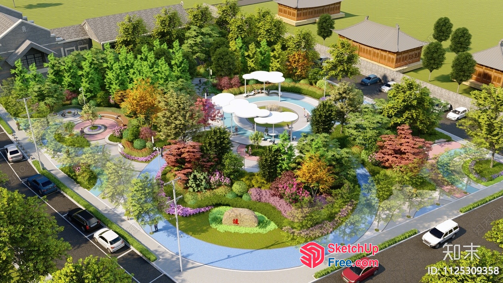 Park With Water Features And Colorful Landscaping 3D SketchUp File