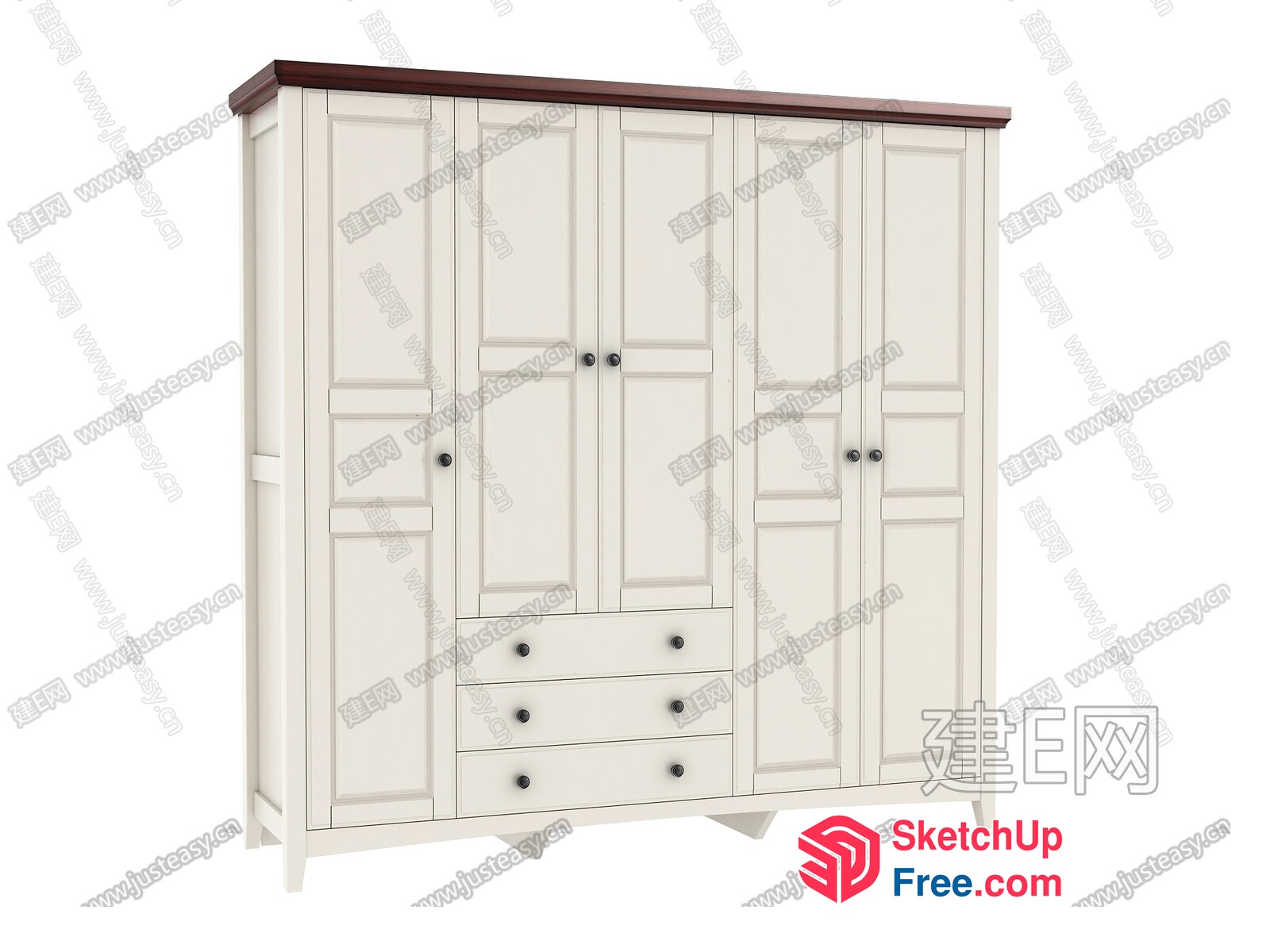 Elegant White Wardrobe With Brown Top And Black Handles 3D SketchUp File