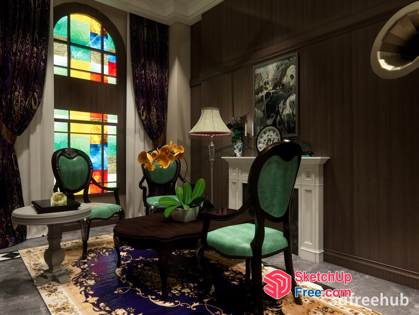 Elegant Stained Glass Window And Ornate Furniture 3D SketchUp File