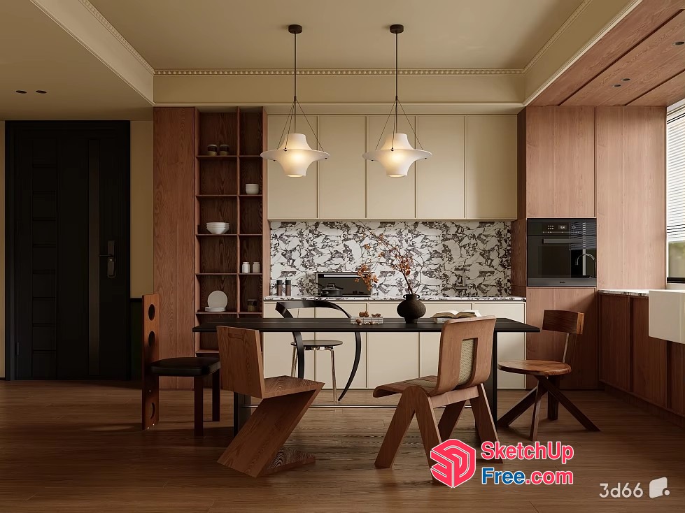 Elegant Dining Room With Modern Furniture And Lighting 3D SketchUp File