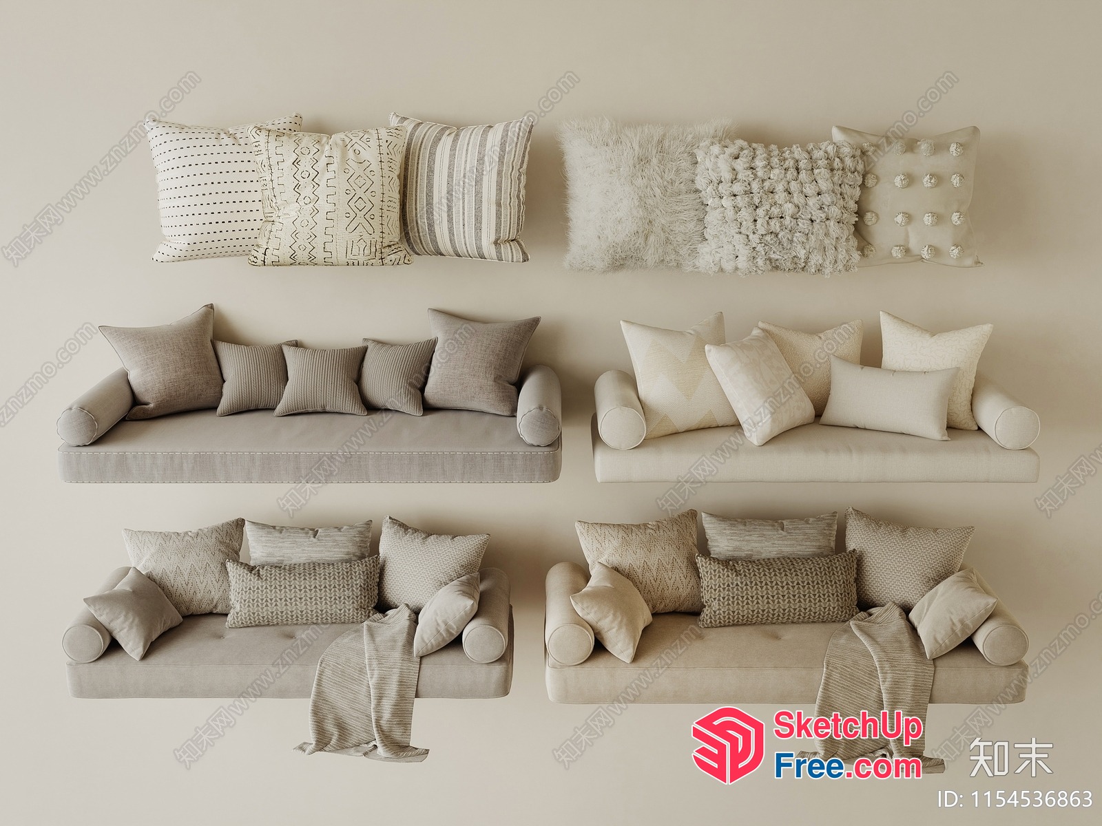 Elegant Neutral Toned Furniture And Pillows Arrangement 3D SketchUp File