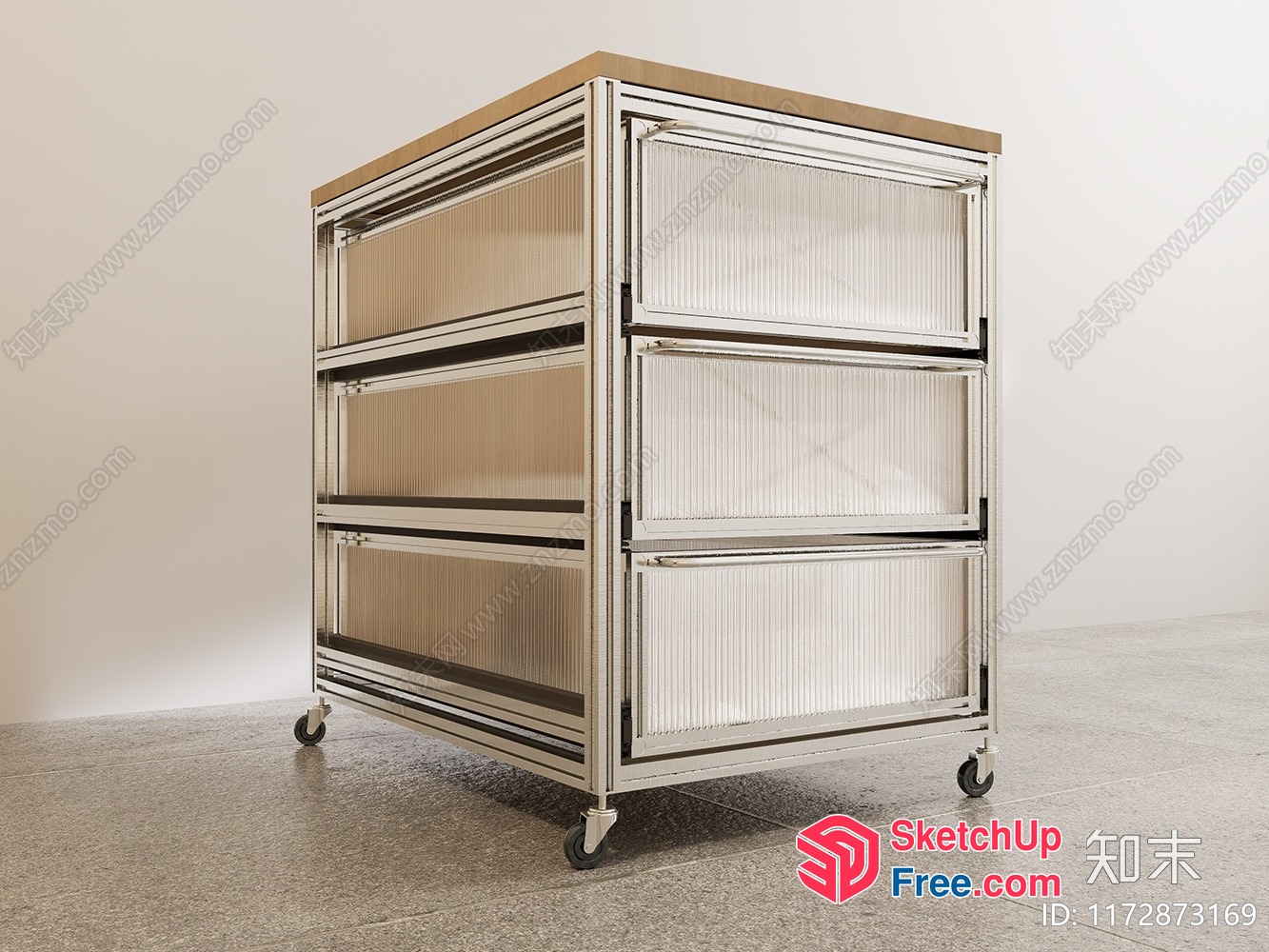 Modern Glass And Metal Storage Unit On Wheels 3D SketchUp File