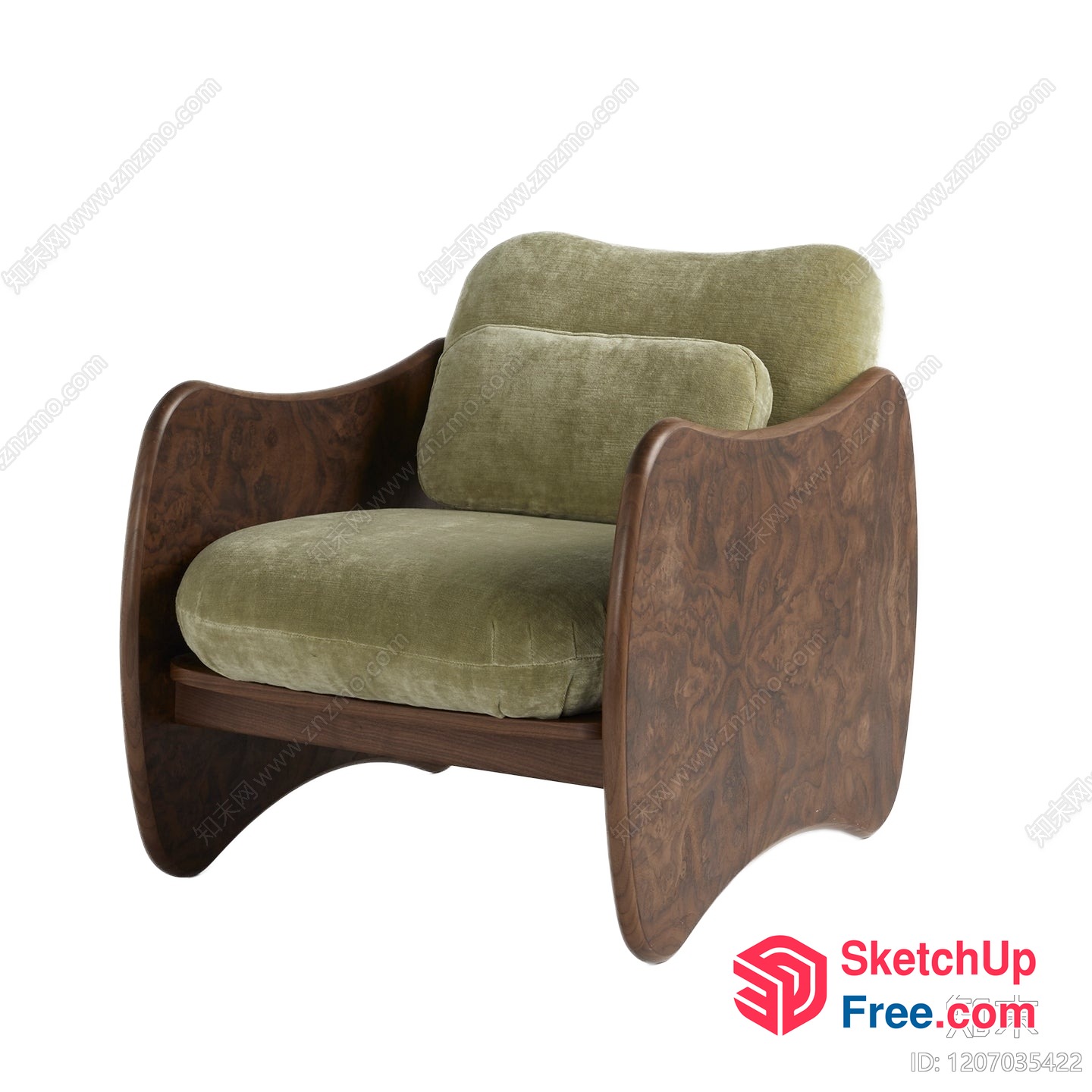 Luxury Green Velvet And Brown Wood Accent Chair 3D SketchUp File