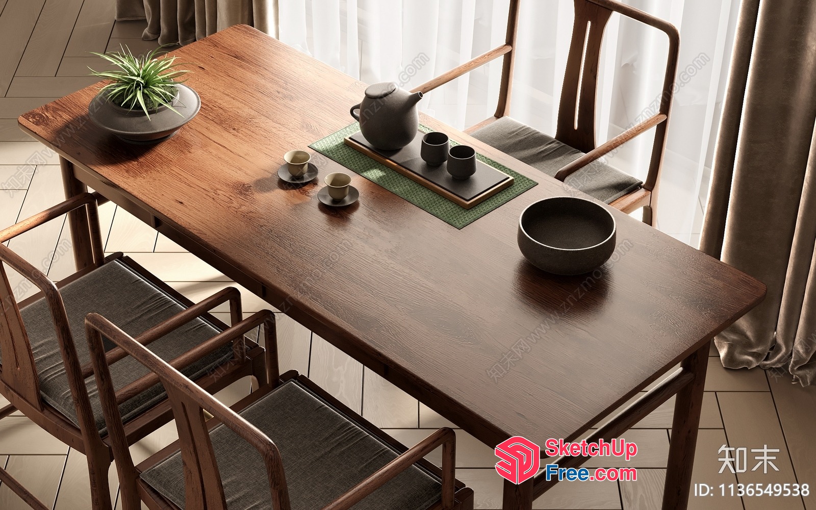 Asian-Style Dining Room With Wooden Table And Chairs 3D SketchUp File