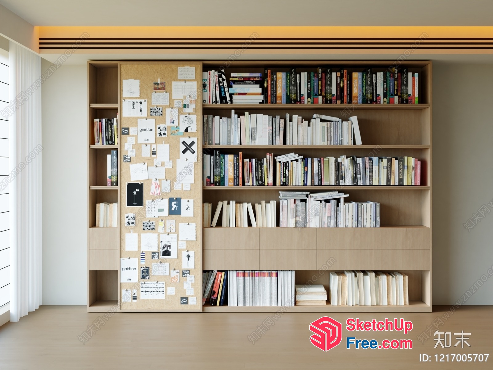 Light Brown Bookcase With Bulletin Board And Bookshelves 3D SketchUp File