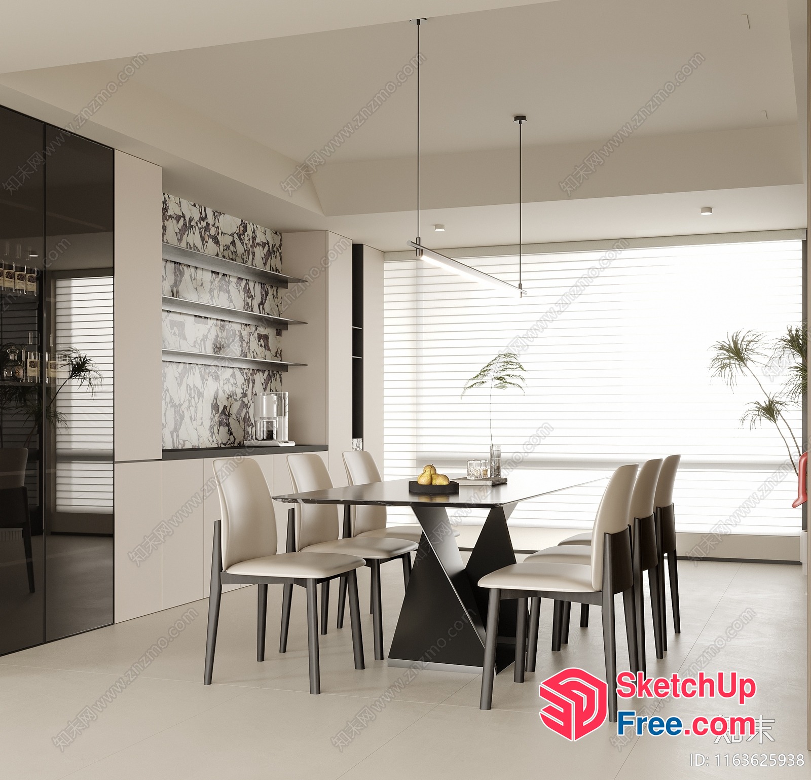 Modern Minimalist Dining Room Interior With Large Windows 3D SketchUp File
