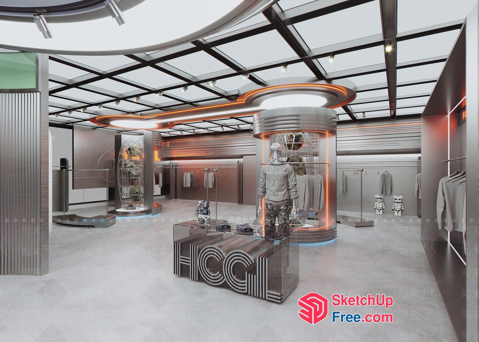 Futuristic Interior With Sleek Silver And Orange Accents 3D SketchUp File