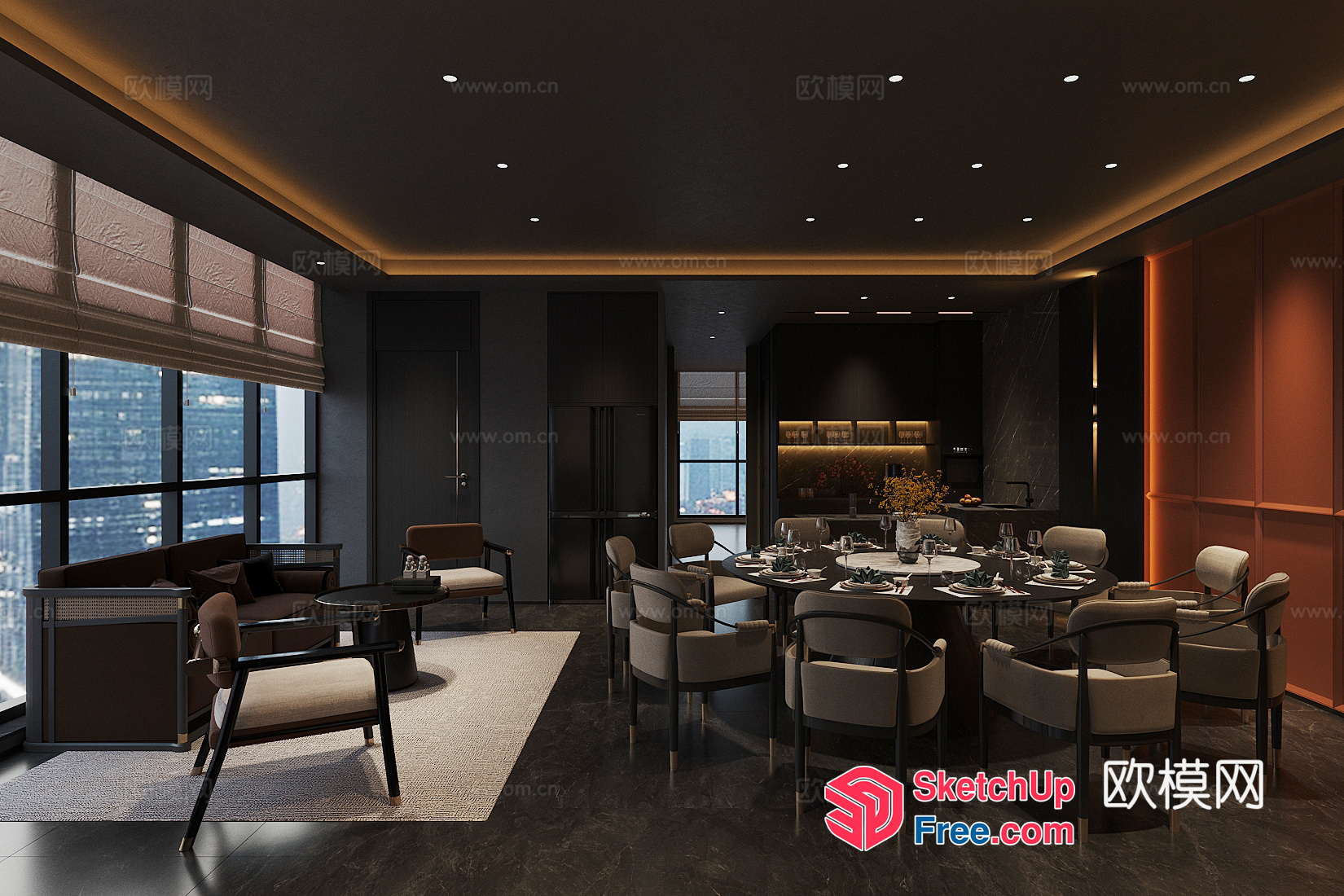 Elegant Dining Room With Modern Furniture And City View 3D SketchUp File