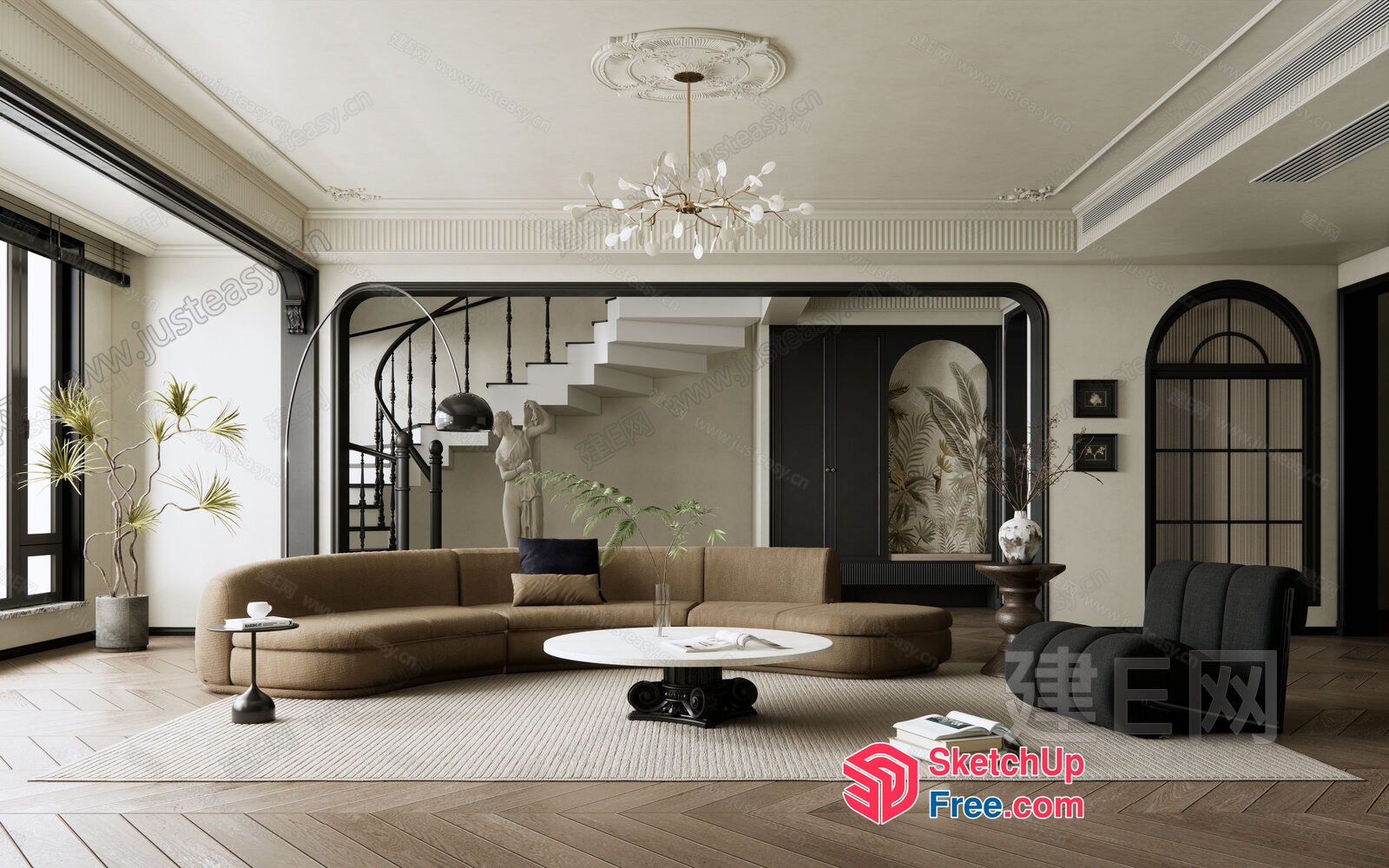Modern Elegant Living Room With White Ceiling And Staircase 3D SketchUp File
