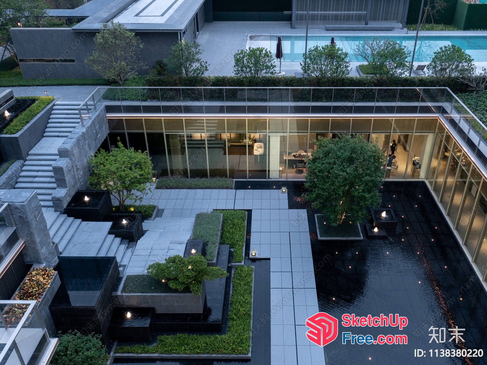 Modern Glass And Stone Courtyard With Water Feature 3D SketchUp File