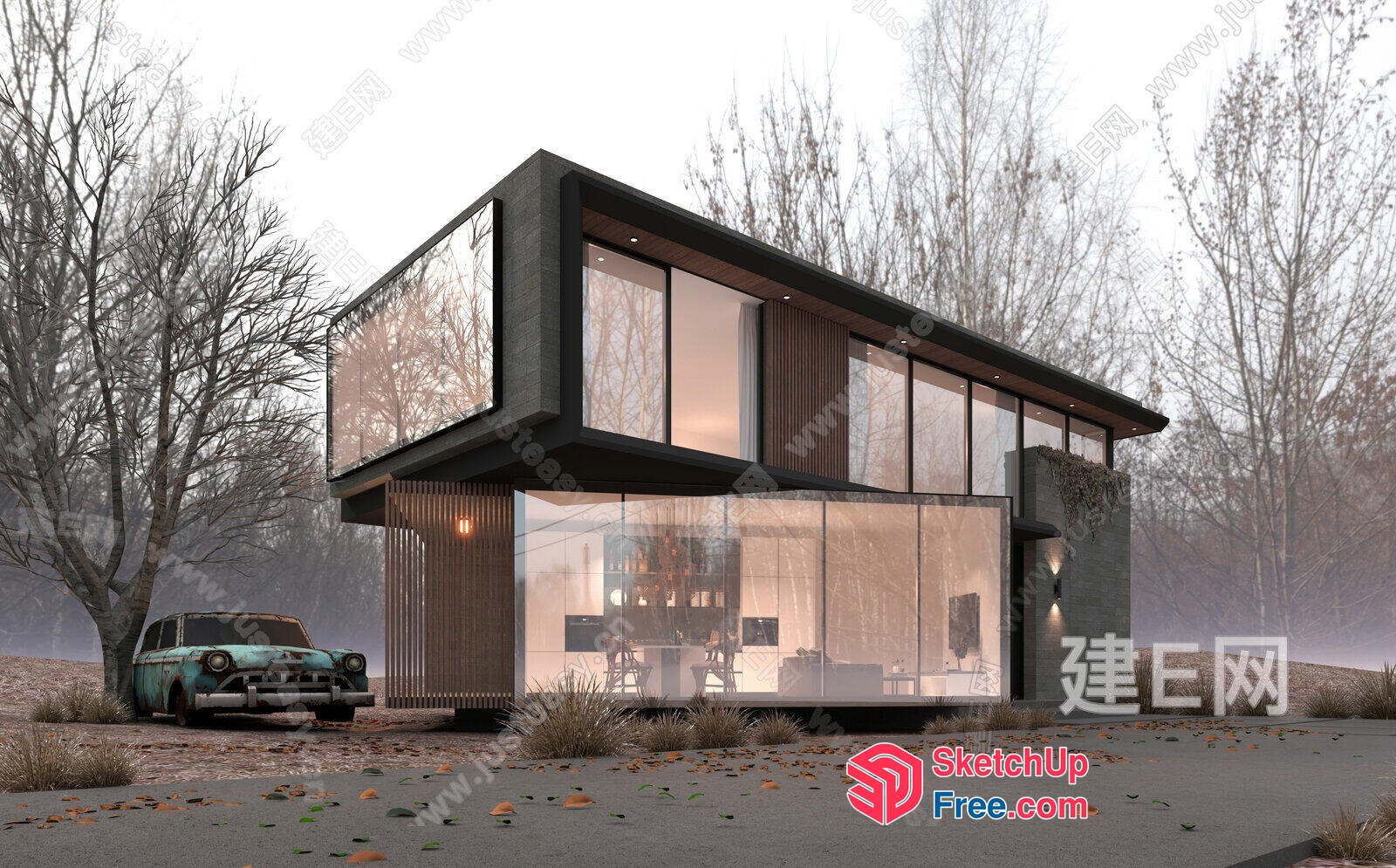 Modern Minimalist Glass And Wood Exterior Design 3D SketchUp File