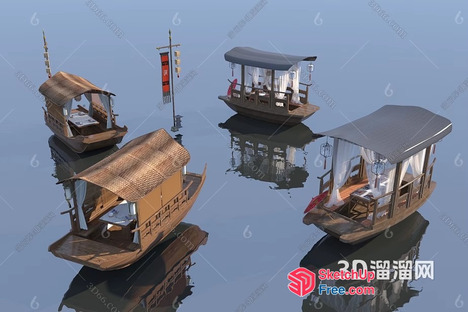 Traditional Chinese Houseboats With Canopies And Curtains 3D SketchUp File