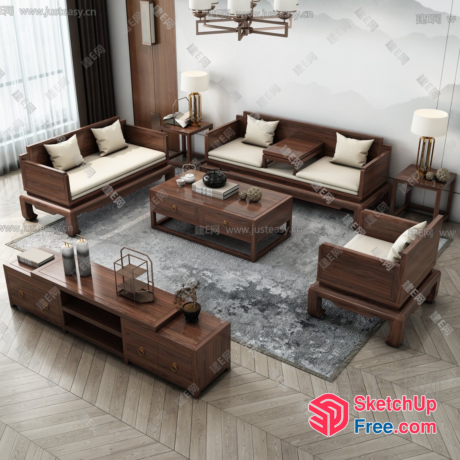 Modern Living Room With Brown Wooden Furniture And Gray Rug 3D SketchUp File