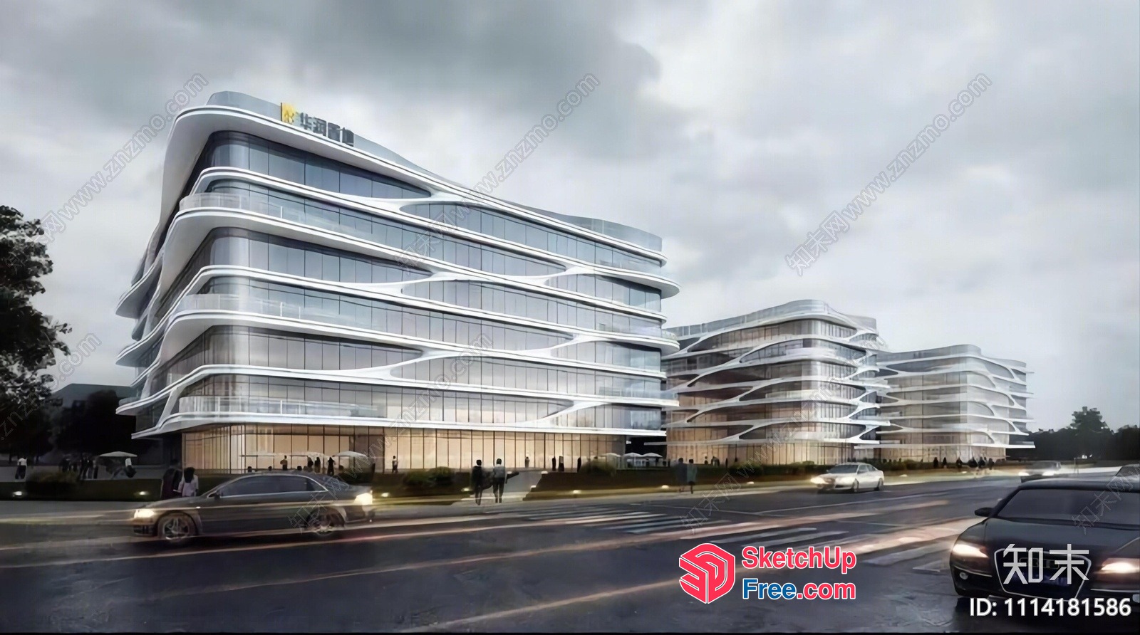 Modern Office Building With Glass Curtain Wall 3D SketchUp File