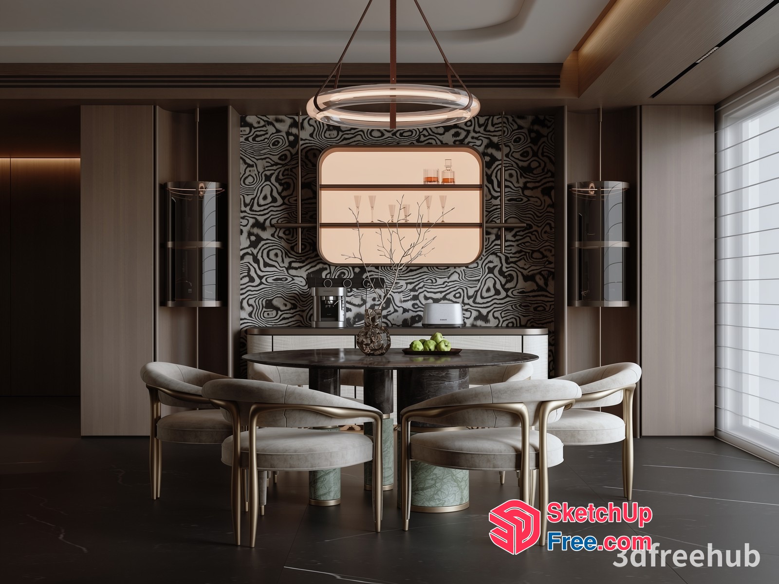 Modern Dining Room With Round Table And White Chairs 3D SketchUp File