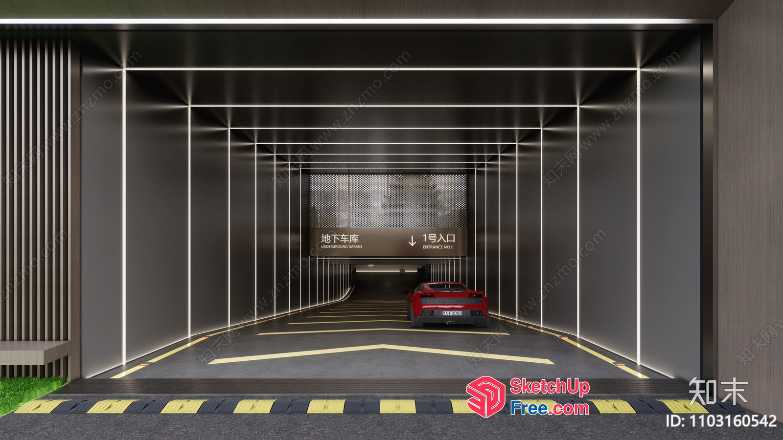 Car Garage Entrance With Red Sports Car 3D SketchUp File