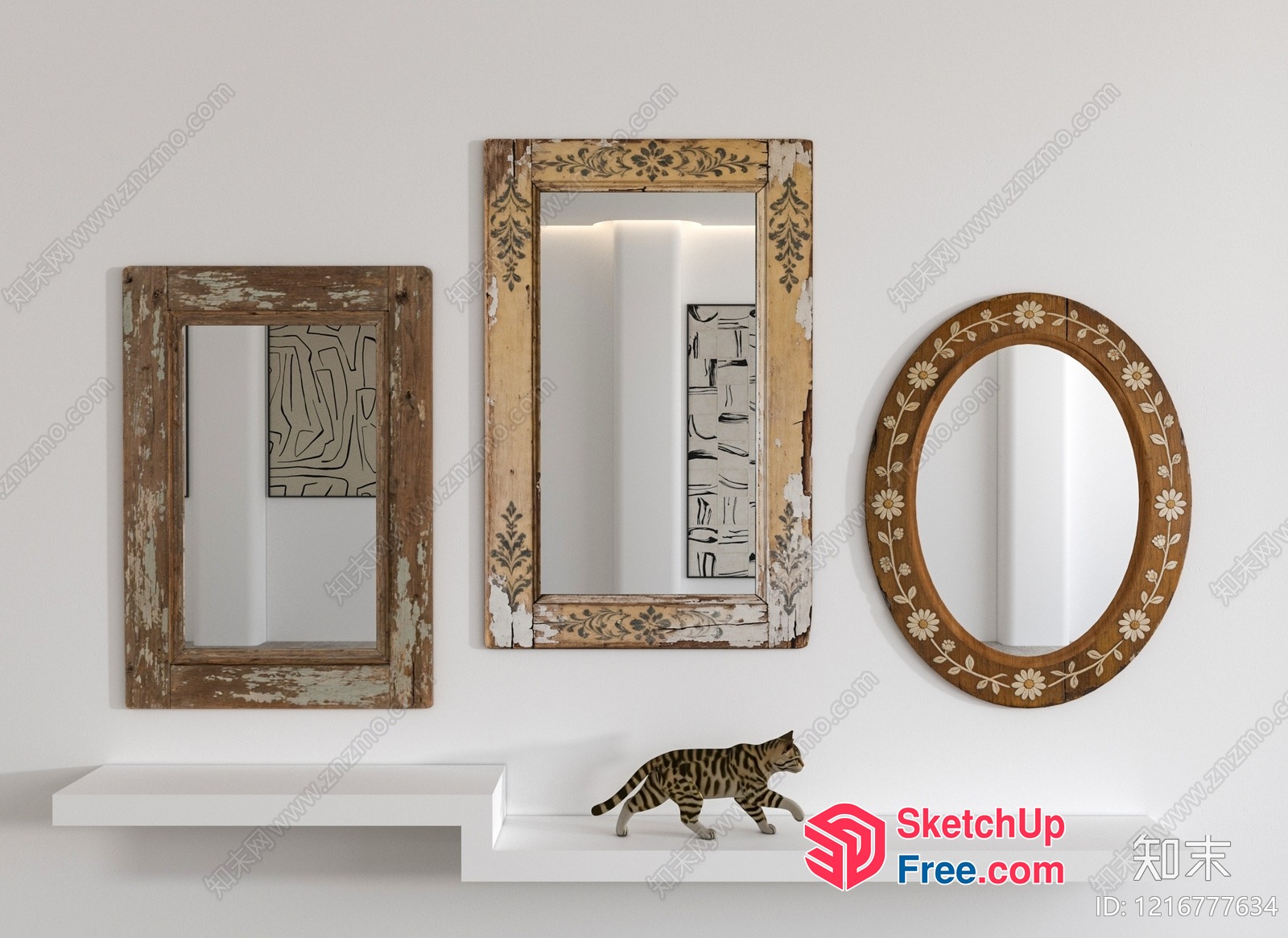 Rustic Wood Frame Mirrors And Cat Figurine 3D SketchUp File