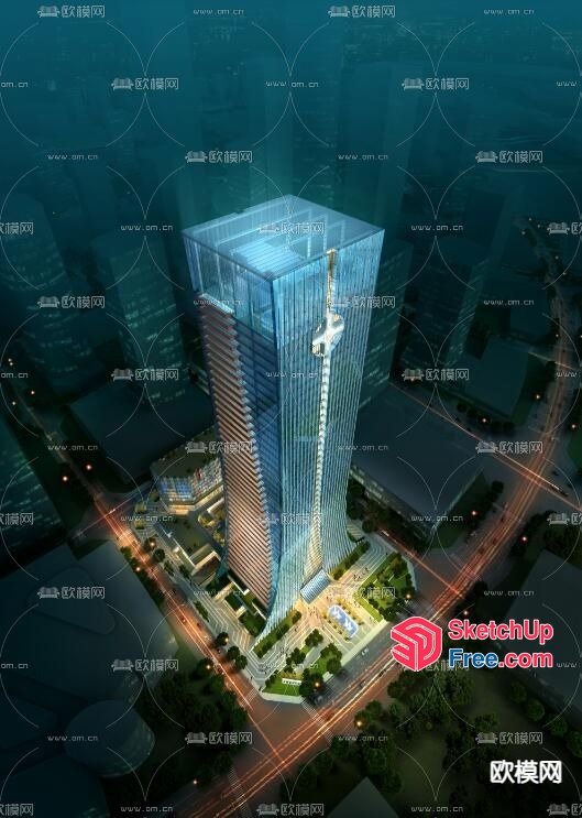 Tall Glass Building With Modern Architecture And City Lights 3D SketchUp File