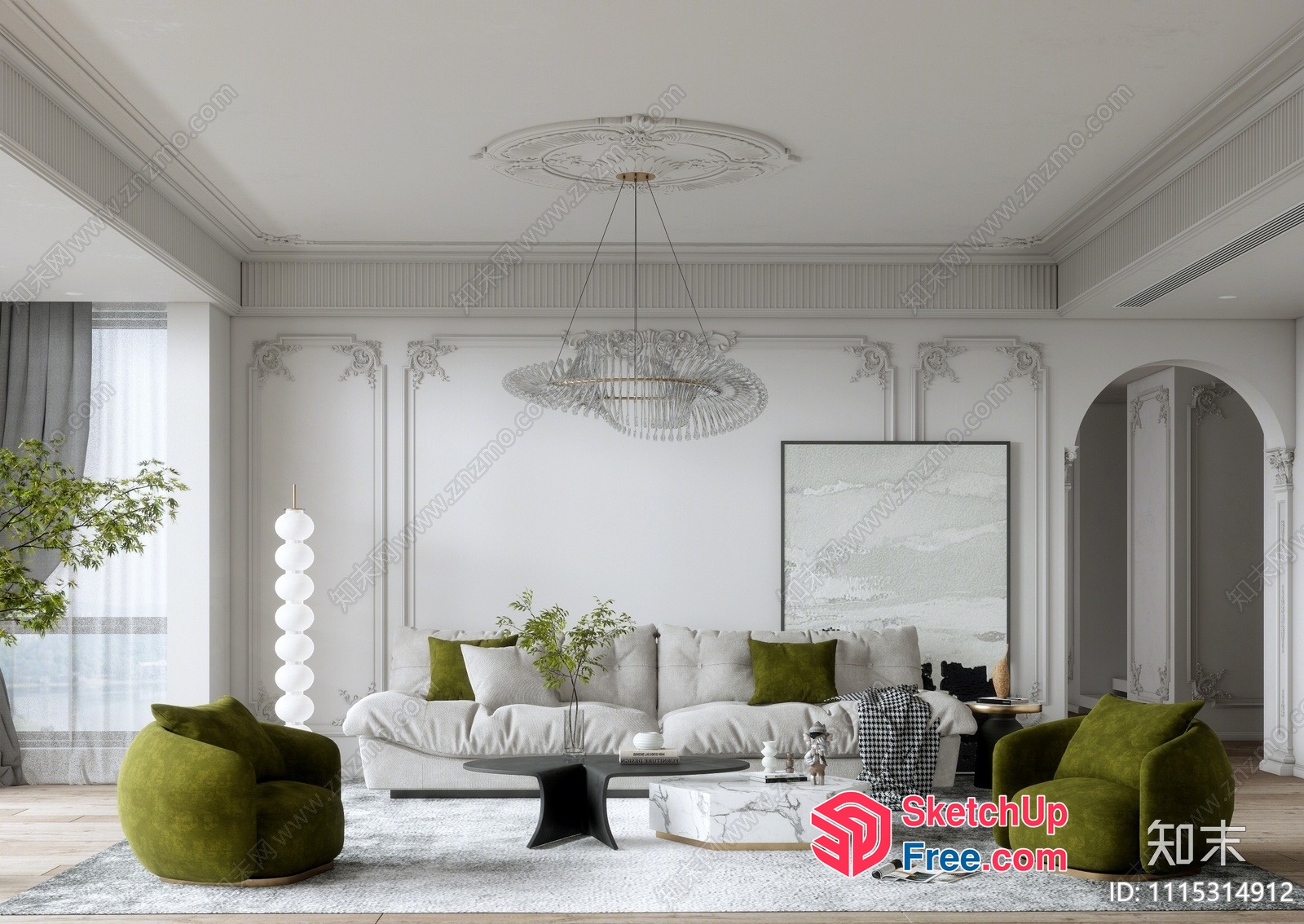Elegant Modern Living Room With White And Green Accents 3D SketchUp File