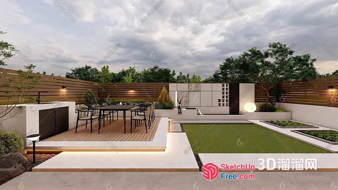 Modern Outdoor Patio Design With Fireplace And Dining Table 3D SketchUp File